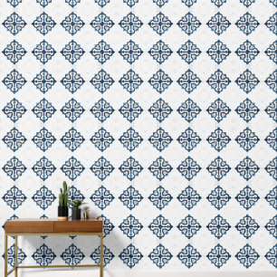 Papier Peint Marocain Quatrefoil Bleu et Marbre blanc