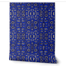 Papier Peint Médaillon Tribal Bleu Royal et Ivoire