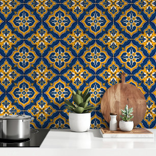 Papier Peint Méditerranée dorée : carreaux d'azulejo bleus et j
