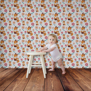 Papier Peint Mère renard rouge avec bébé, fleurs motif pépinièr