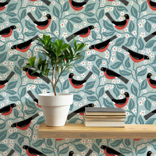Papier Peint Merle américain Fleur de pommier Oiseau Fleur Vert