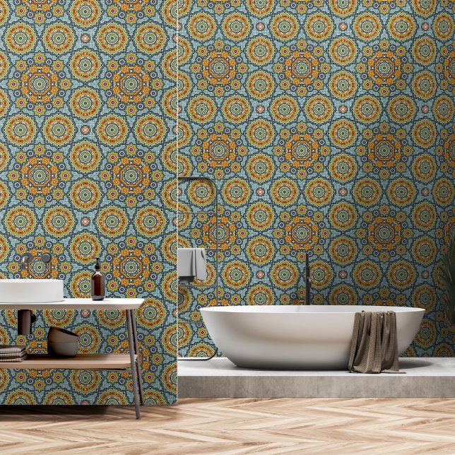 Papier Peint Mi-siècle Marocain bleu peigne et bâton (Salle de bain)