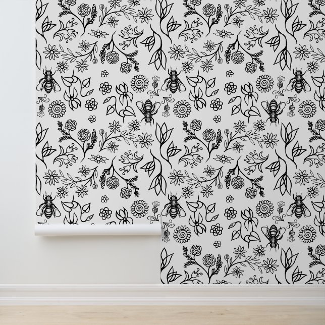 Papier Peint Miel Abeilles & Fleurs Boho Moderne Noir et Blanc (Application)
