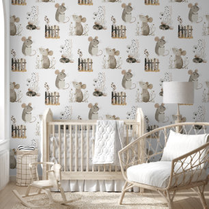 Papier Peint Mignon Souris Aquarelle Boho Nursery Neutre