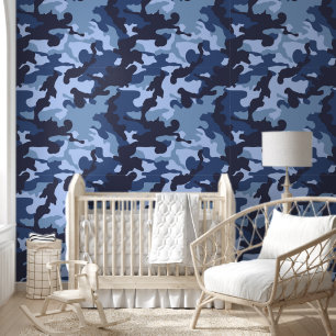Papier Peint mignonette garçons carrelé camo bleu pépinière