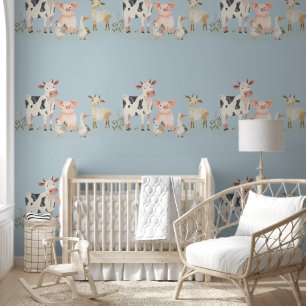 Papier Peint Mignonne campagne Baby-Farm Animaux sur bleu