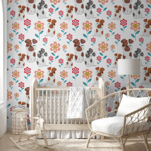 Papier Peint Mignonne chien mère et bébés, fleurs motif