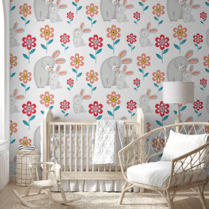 Papier Peint Mignonne lapin mère et lapin, fleurs motif