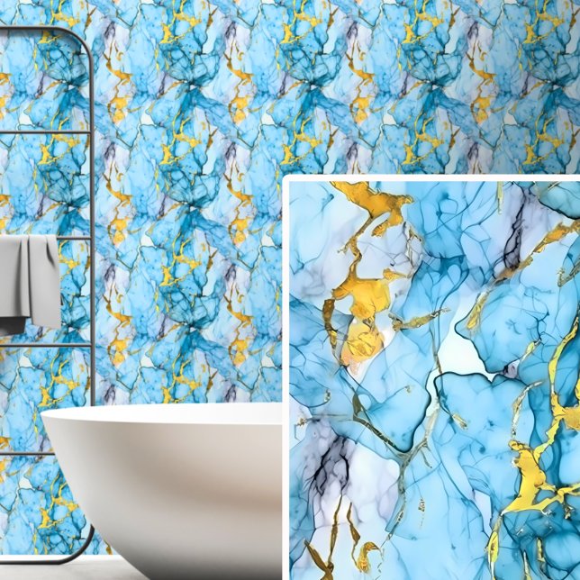 Papier Peint Milieu bleu clair Aqua Gold Marbré (Créateur téléchargé)