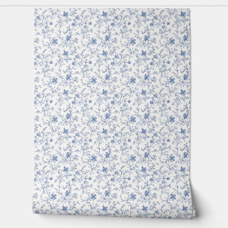 Papier Peint Mini charme floral français - bleu et blanc cassé