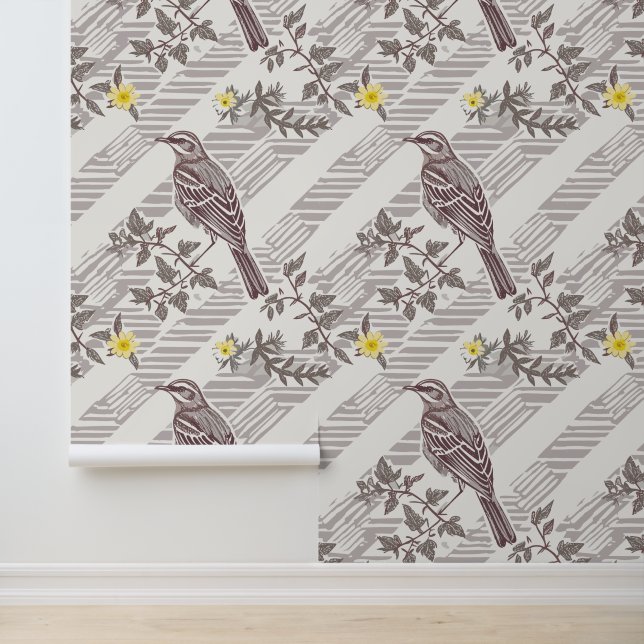 Papier Peint Mocking Bird and Yellow Flowers (Application)