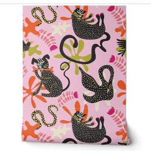 Papier Peint Mod Abstrait Primitif Chats & Chiens Motif rose