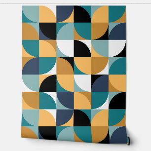 Papier Peint Mod Carré rétro Mustard Turquoise Aqua Bleu Noir