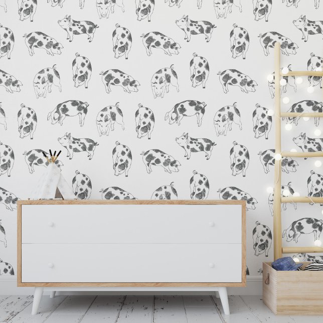 Papier Peint Modèle de petits cochons noir blanc dessin (Créateur téléchargé)