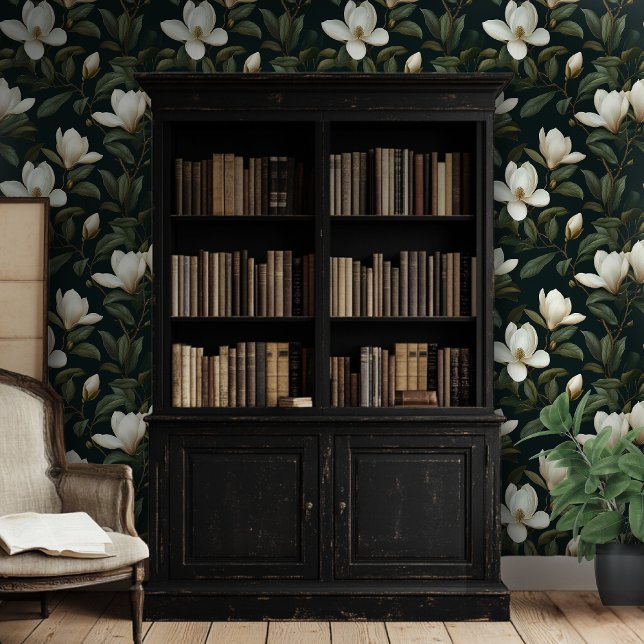 Papier Peint Modèle Floral Magnolia blanc Arrière - plan noir (Créateur téléchargé)