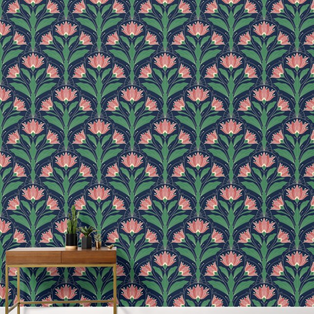 Papier Peint Modern Art Deco Boho Red Floral on Navy Blue (Couloir)