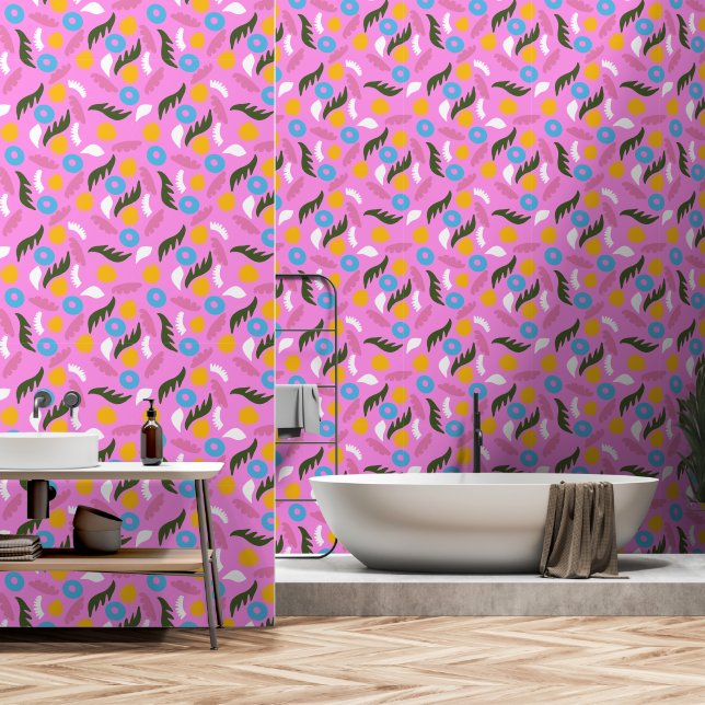 papier peint moderne abstrait floral rose gras (Salle de bain)