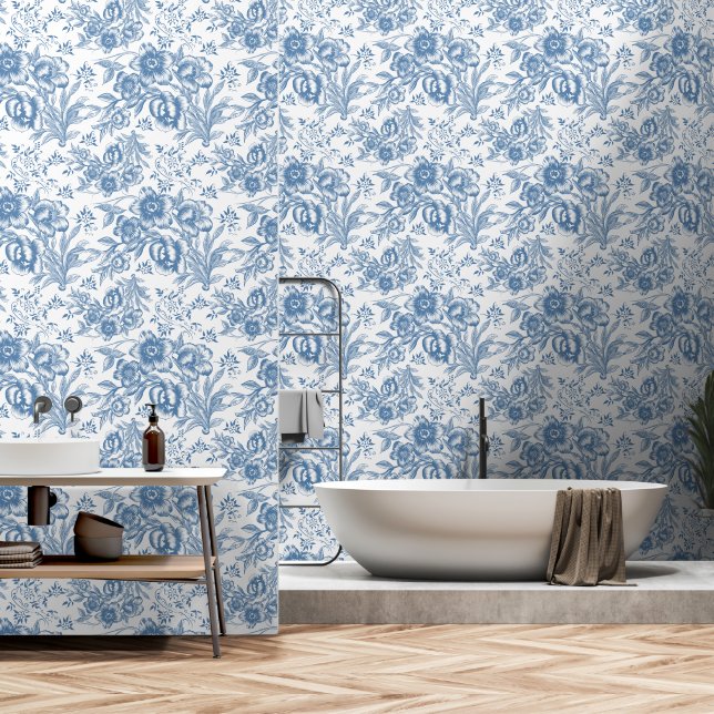 Papier Peint Moderne Chinoiseries bleu et blanc floral (Salle de bain)