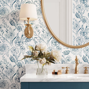 Papier Peint Moderne Deep Blue Line Art Floral Folial Motif