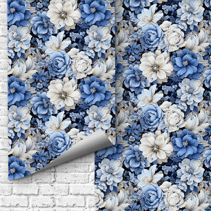 Papier Peint Moderne Floral Bleu Blanc Ivoire Élég