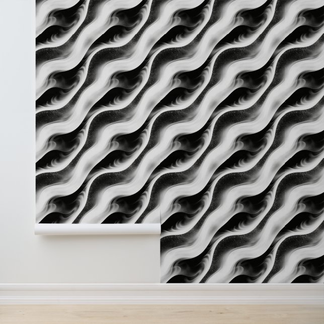 Papier Peint Monochrome Wavy Abstract Pattern – Minimalist Blac (Application)