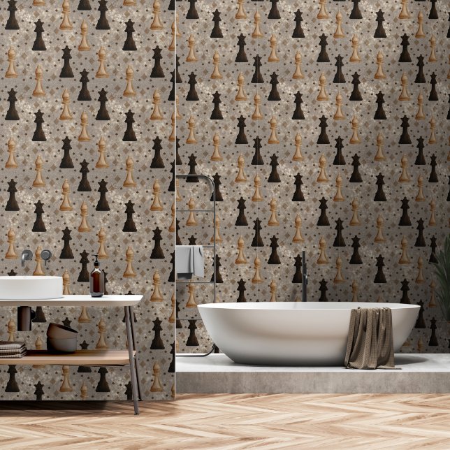 Papier Peint Morceaux d'échecs Queen Bishop Brown pique (Salle de bain)