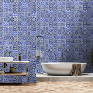 Papier Peint Mosaïque Carrelée Bleue - Style Vintage Méditerran
