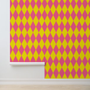 Papier Peint Motif à carreaux en losanges harlequin rose et jau