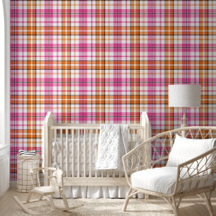 Papier Peint Motif à carreaux tartan blanc rose orange