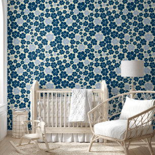 Papier Peint Motif à fleurs - Bleu foncé, Bleu clair et Crème