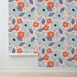Papier Peint Motif à fleurs moderne orange et bleu