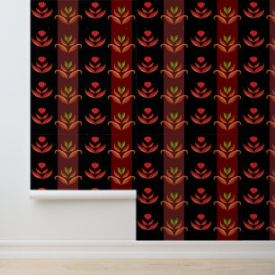 Papier Peint Motif à rayures florales noires, rouges, brunes