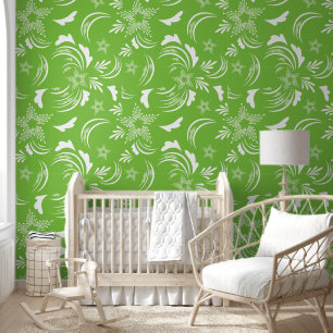 Papier Peint Motif abstrait fleuri vert et blanc