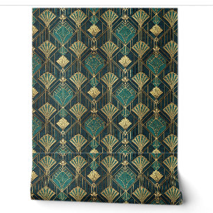 Papier Peint Motif Abstrait Géométrique Art Déco Sarcelle et Or