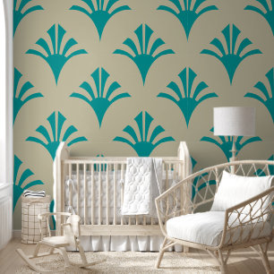 Papier Peint Motif Art Déco 02 - Turquoise sur Off-White