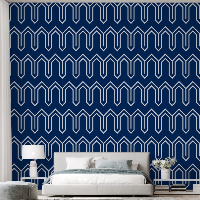 Papier Peint Motif Art Déco 05 - Blanc sur azur foncé (Chambre à coucher)