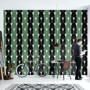 Papier Peint Motif Art déco blanc sur rayures noires vertes
