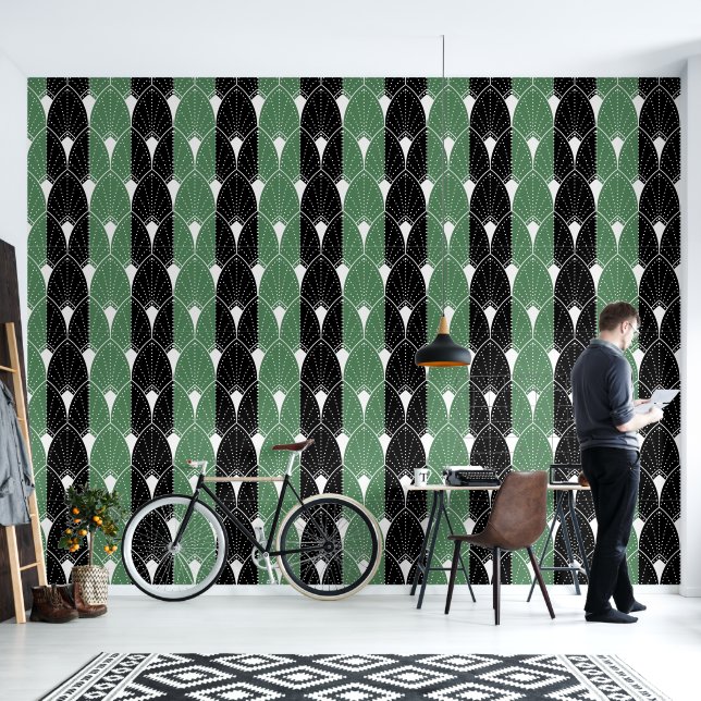 Papier Peint Motif Art déco blanc sur rayures noires vertes (Salon)