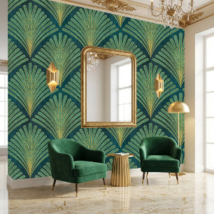 Papier Peint Motif Art Déco de feuille de palmier verte et or s