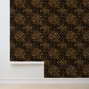 Papier Peint Motif baroque ornemental doré sur fond noir