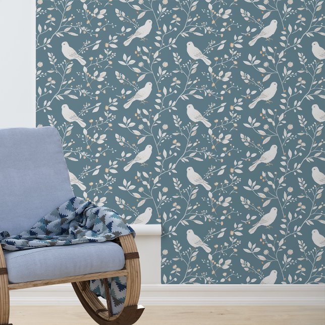 Papier Peint Motif bleu Dusty aux oiseaux blancs (Créateur téléchargé)