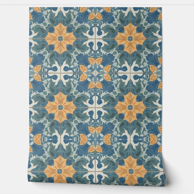 Papier Peint Motif bleu et or méditerranéen (Déroulement)