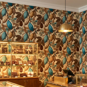 Papier Peint Motif Cacao Turquoise Brun Doré