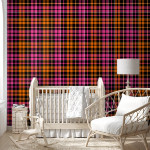 Papier Peint Motif carreaux tartan orange rose noir