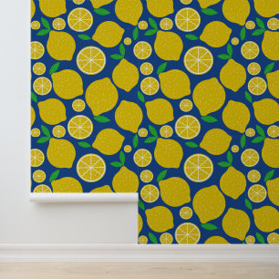 Papier Peint Motif citron jaune sur bleu