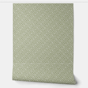 Papier Peint Motif clé grec vert olive et blanc