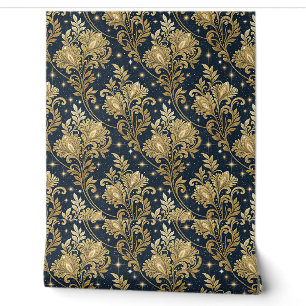 Papier Peint Motif damassé floral de palais royal pailleté or