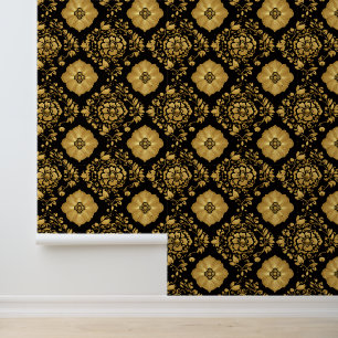 Papier Peint Motif damassé floral or luxe sur fond noir