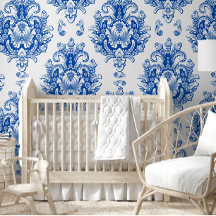 Papier Peint Motif damassé méditerranéen bleu blanc élégant