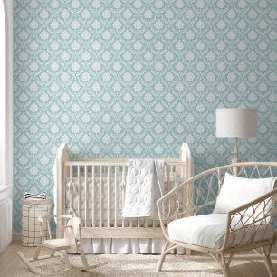 Papier Peint Motif Damassé Rococo Blanc sur Fond Bleu Canard